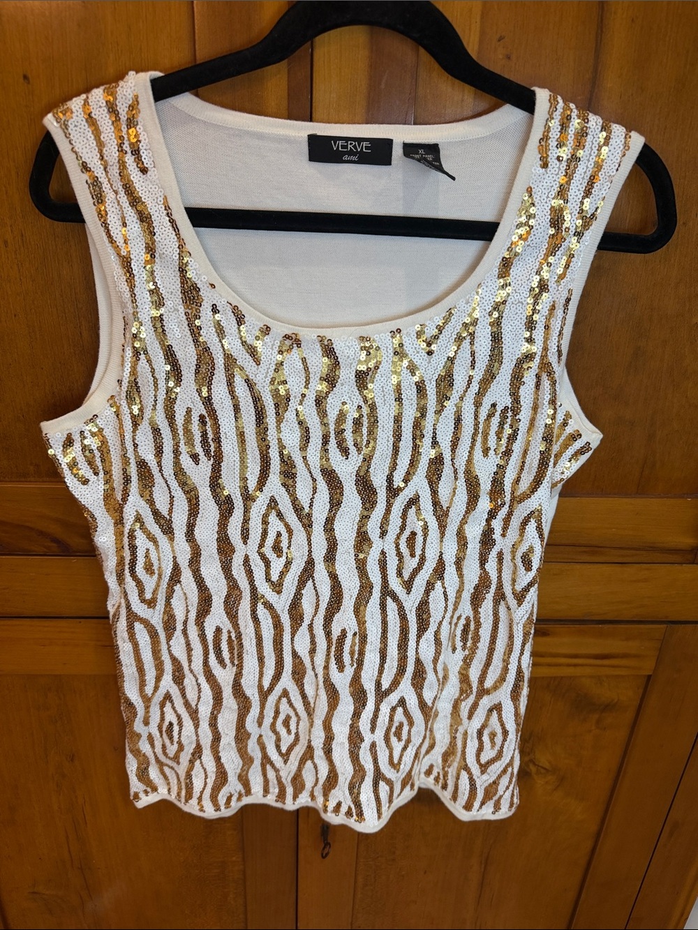 Verve Ami White Sweater Tank Top with Gold Sequin Zebra Pattern, XL